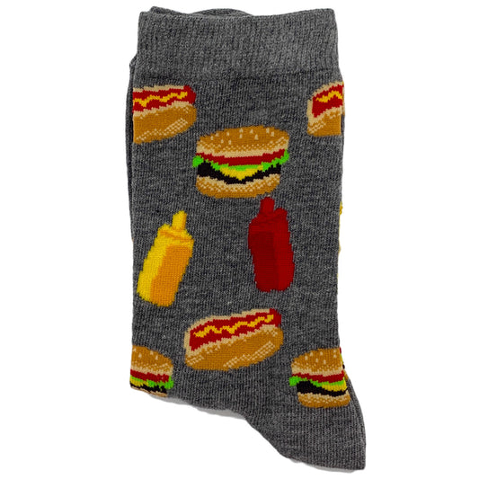 Socks featuring a fun pattern of burgers, hot dogs, and fries, perfect for fast food lovers.