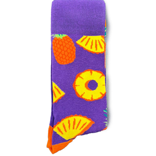 Step into tropical vibes with our Men's Pineapple Slices Purple Socks! These socks feature a stylish pattern of pineapple slices against a vibrant purple backdrop, adding a touch of exotic charm to your wardrobe. Crafted for comfort and flair, these socks are perfect for those who want to bring a taste of the tropics to their everyday style.

Whether you're headed to a summer gathering or just want to showcase your love for tropical fruit, our Pineapple Slices Purple Socks for Men are the ideal accessory. S