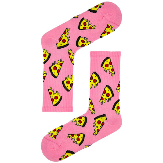Pink socks with pizza print, fun and quirky food-themed socks.