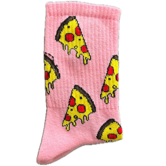 Pink socks with pizza print, fun and quirky food-themed socks.