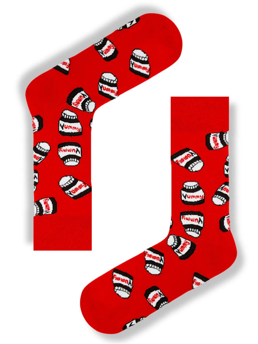 Red socks with Nutella jar print, fun food-themed socks for chocolate lovers.