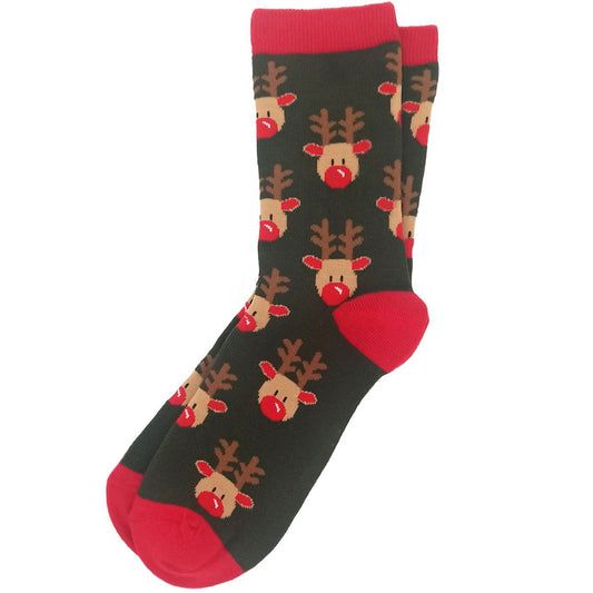 Dark green Christmas socks featuring reindeer faces in a festive holiday design.