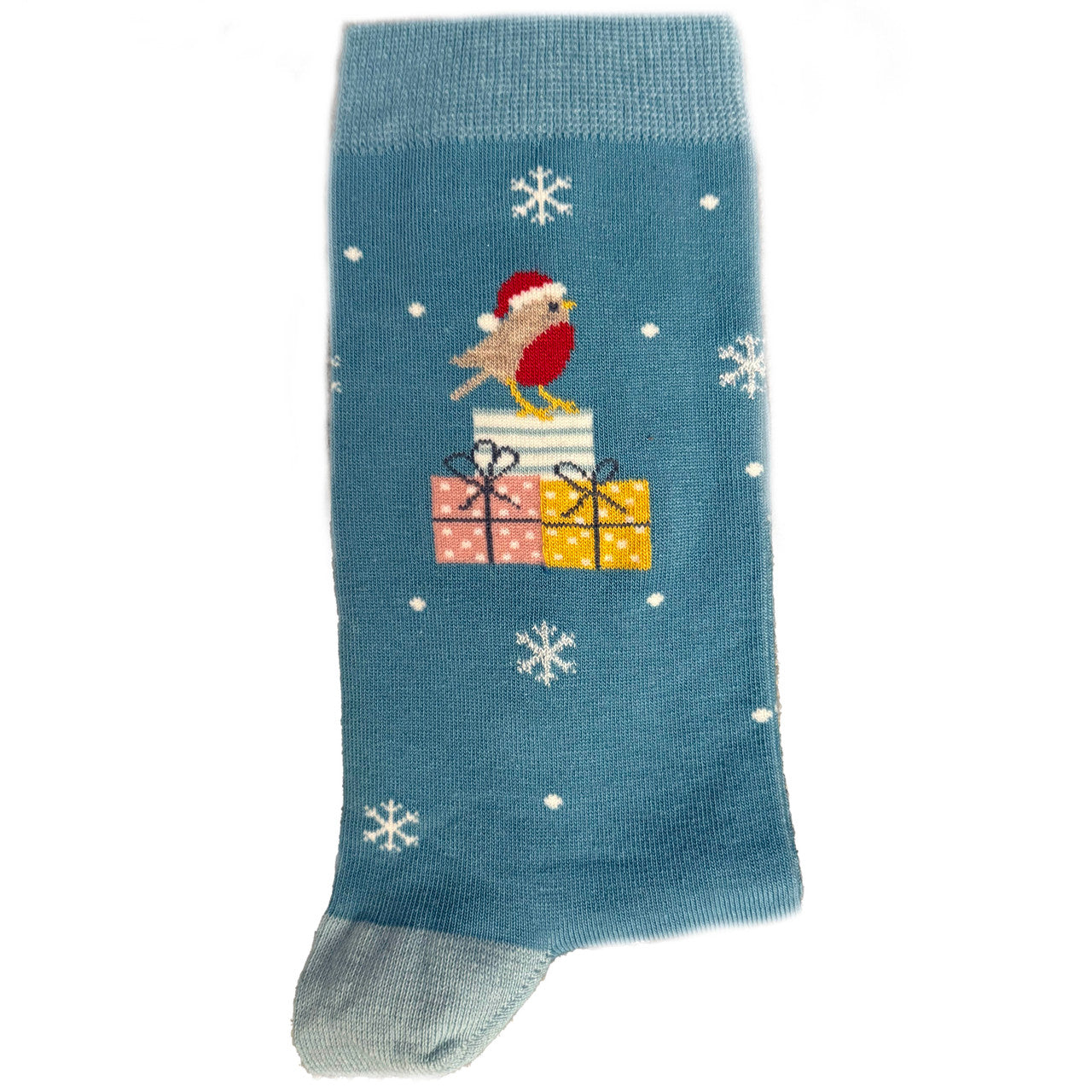Women’s socks featuring a Santa bird holding a gift, festive and colorful holiday design.