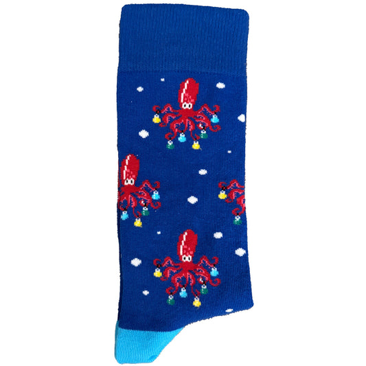 Men’s blue socks featuring an octopus holding colorful Christmas lights, festive and playful holiday design