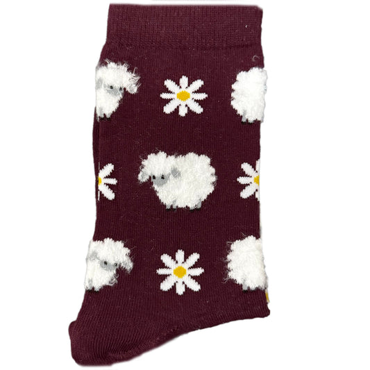 Maroon women’s socks with sheep and flower design, cozy, warm, and stylish for winter.