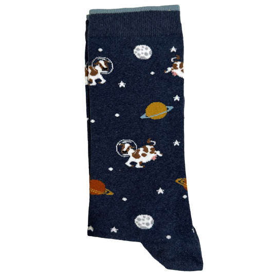 Step into the cosmic frontier with our Men's Space Cows Socks! These socks feature whimsical cows floating amidst a starry galaxy, adding a touch of intergalactic charm to your wardrobe. Crafted for comfort and style, these socks are perfect for those who enjoy a playful and quirky twist to their sock collection. Stride with a sense of humor and make a statement with our Space Cows Socks. Take your sock game to new heights—order your pair today for an out-of-this-world fashion experience!