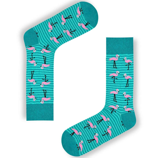 Striped Flamingo Socks & on Green Background (Unisex)