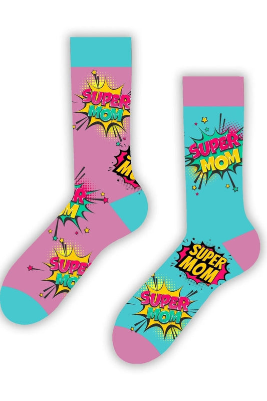 Super Mom socks featuring a fun and empowering design, perfect for moms.