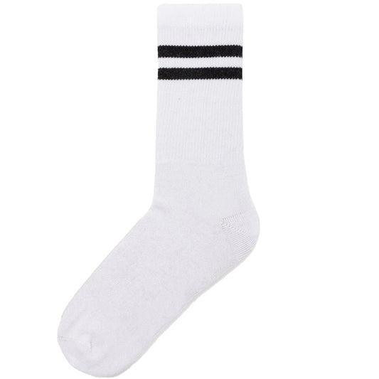 White retro sports socks with two black stripes, classic athletic style.