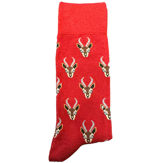 Introducing our Antelopes on Red Background Socks for Men! These socks showcase a stylish pattern of antelopes against a rich red backdrop, creating a visually striking and unique design. Crafted for comfort and flair, these socks are the perfect choice for those who want to add a touch of wildlife-inspired charm to their wardrobe.

Whether you're looking to make a statement or add a bold element to your everyday style, our Antelopes on Red Background Socks are the ideal accessory. Stride with confidence an