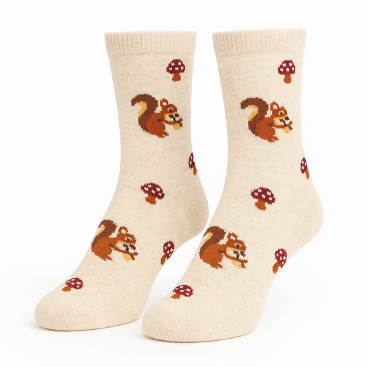 Beige Squirrel & Mushroom Socks Women's Size
