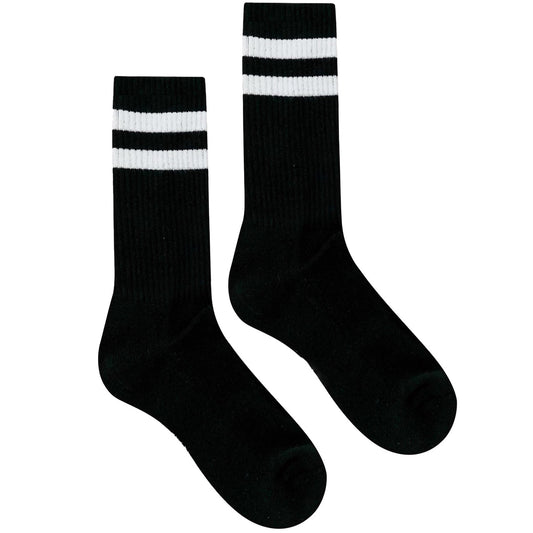 Black retro sports socks with two white stripes, classic athletic style.