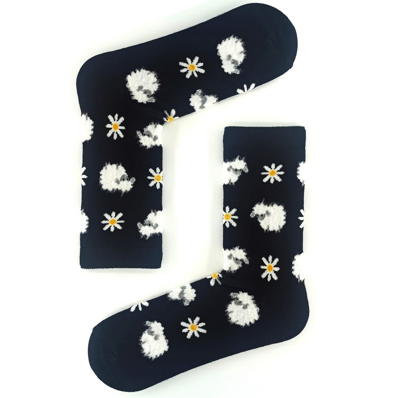 Black socks featuring a cute sheep and flower pattern, cozy and stylish.
