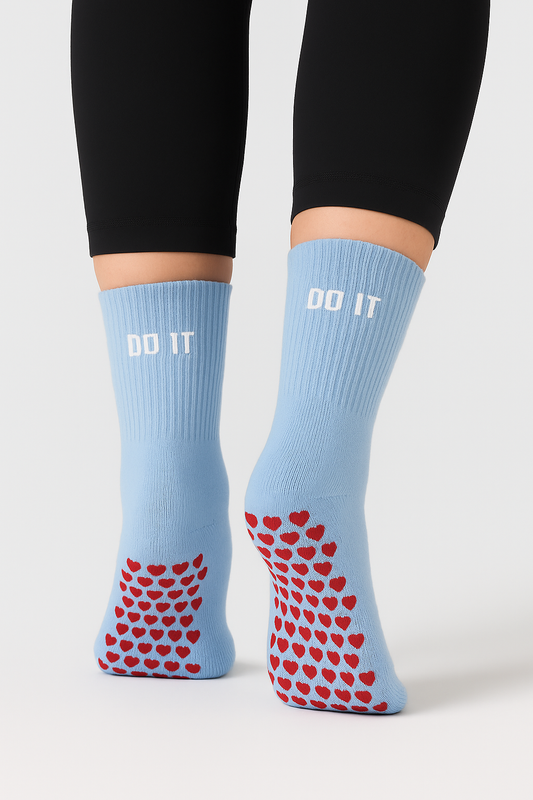 Anti-Slip Pilates & Yoga Crew Socks with Red Heart Silicone Grip – Blue (Unisex)