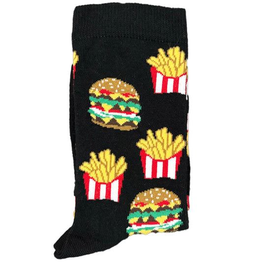 Black socks featuring a fun pattern of burgers and fries, perfect for food lovers.