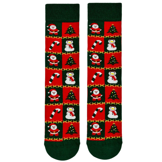 Red & Green Christmas Squares Socks – Santa, Tree, Snowman & Candy Cane (Unisex)