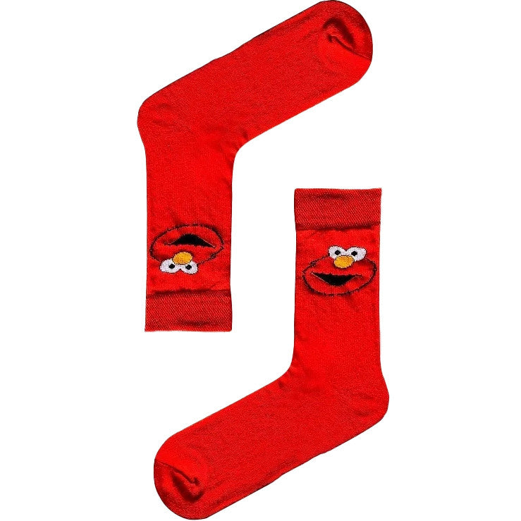 Red socks featuring Cookie Monster, fun Sesame Street-themed design.