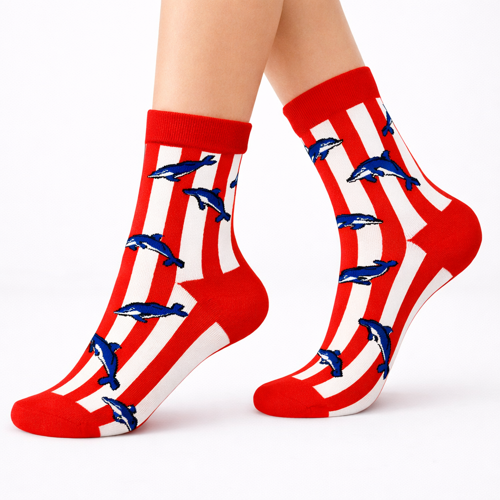 Dolphin Socks White & Red Stripes (Unisex)