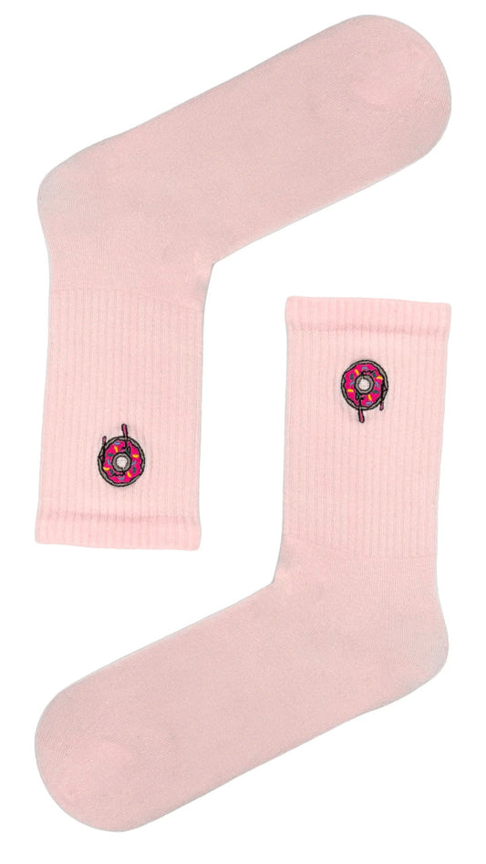 Pink athletic socks with a donut icon, fun and breathable sport socks.