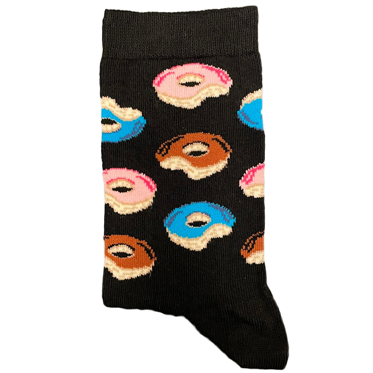 Black socks with colorful donuts, fun and stylish for food lovers.