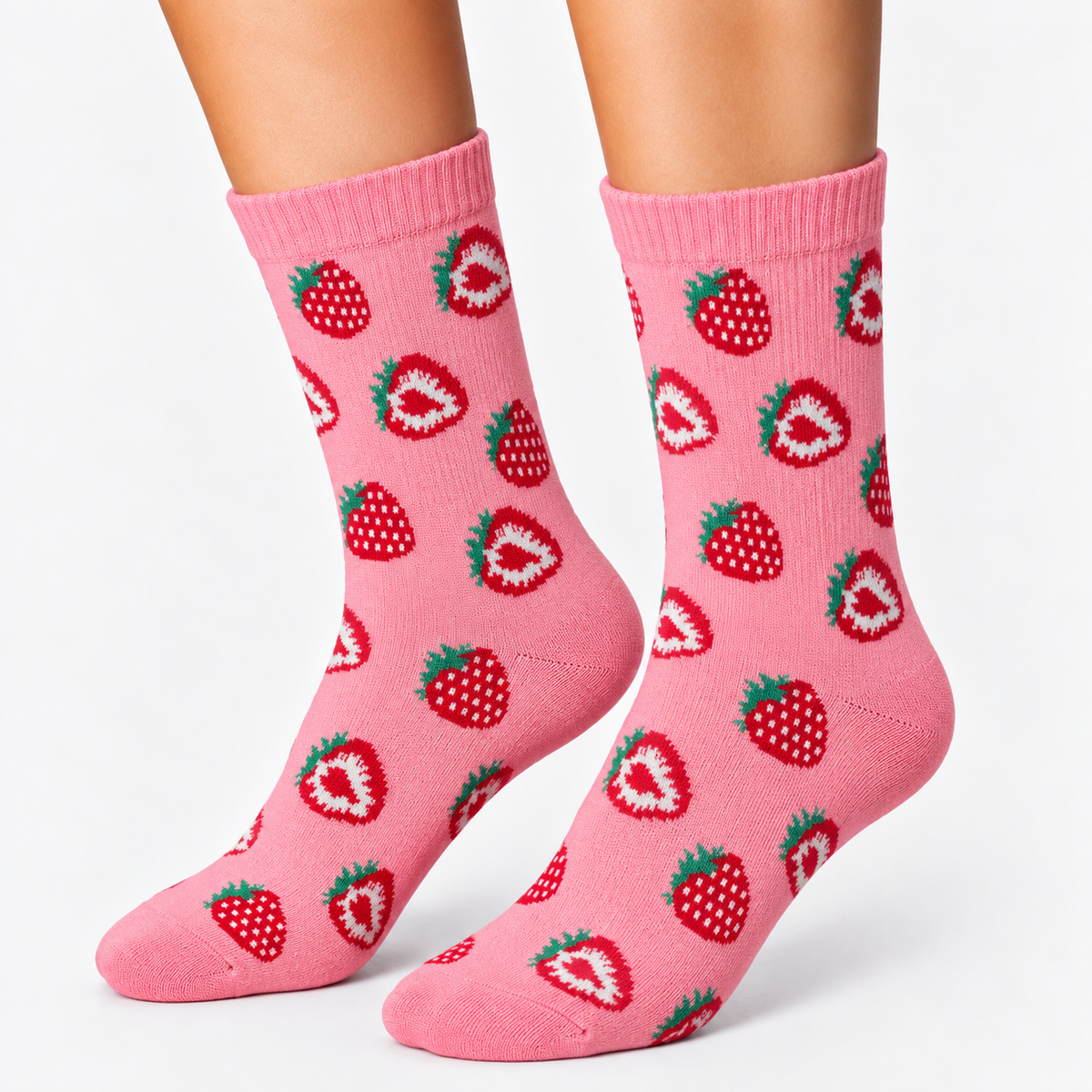 Pink strawberry crew socks for women