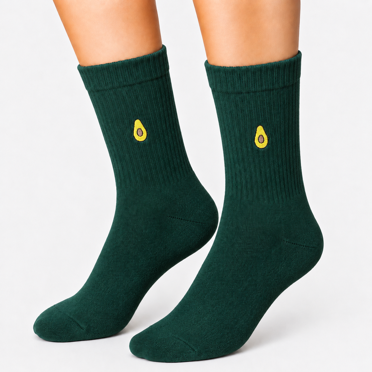 Green crew socks with embroidered avocado
