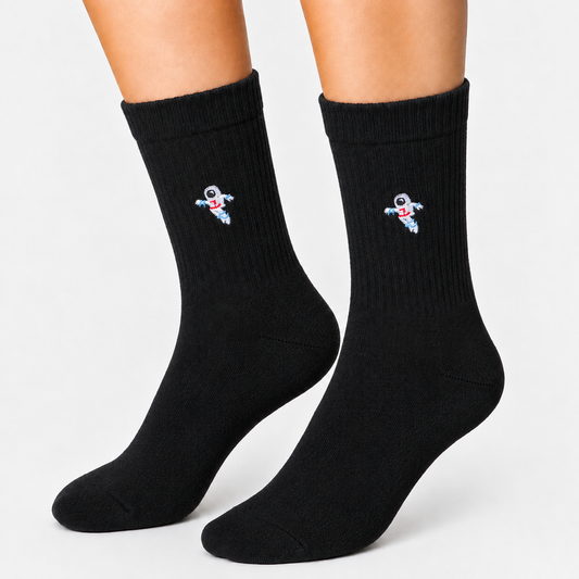 Black crew socks with embroidered astronaut