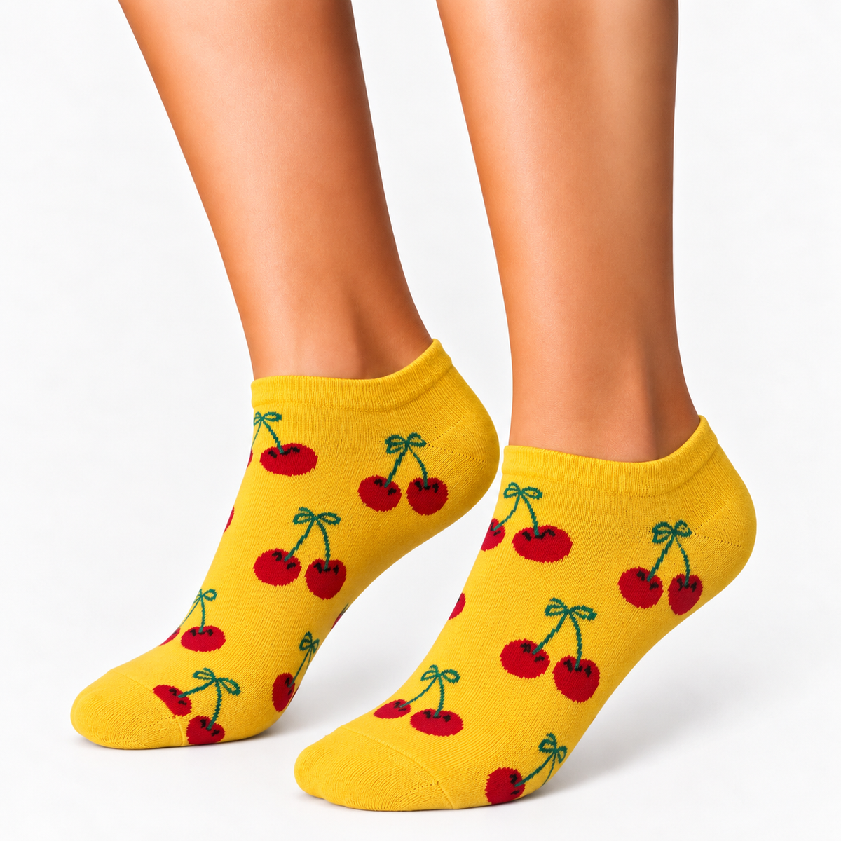 Yellow cherry ankle socks for women