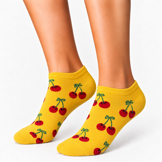 Yellow cherry ankle socks for women