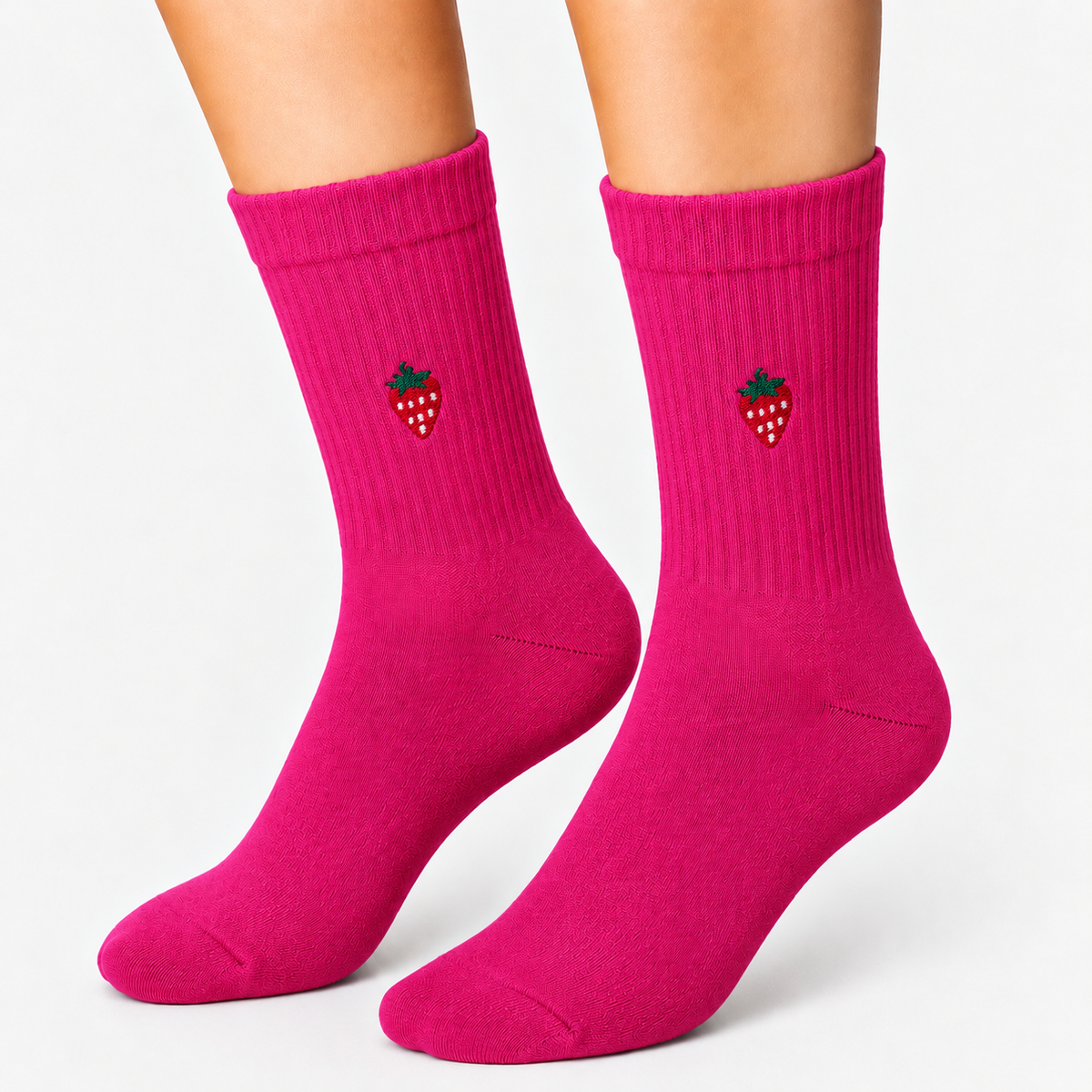 Magenta crew socks with embroidered strawberry