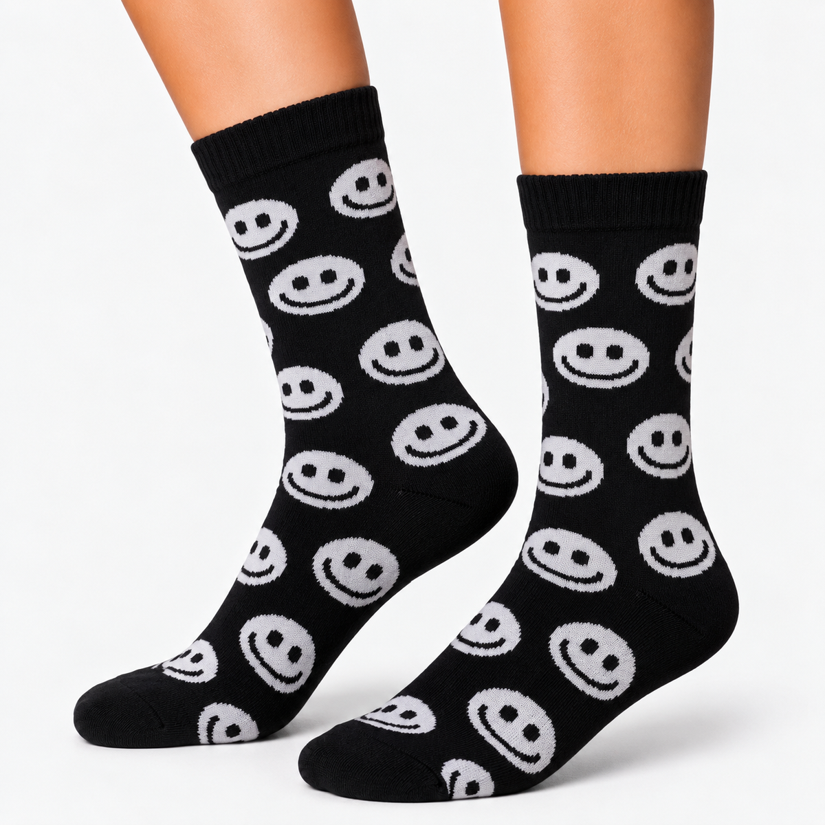 Black smiley face crew socks for women
