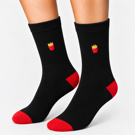 Black crew socks with embroidered fries