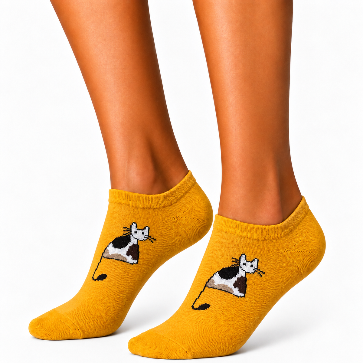 Mustard yellow cat ankle socks for women