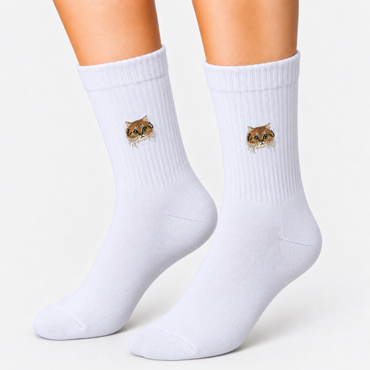 White crew socks with embroidered cat