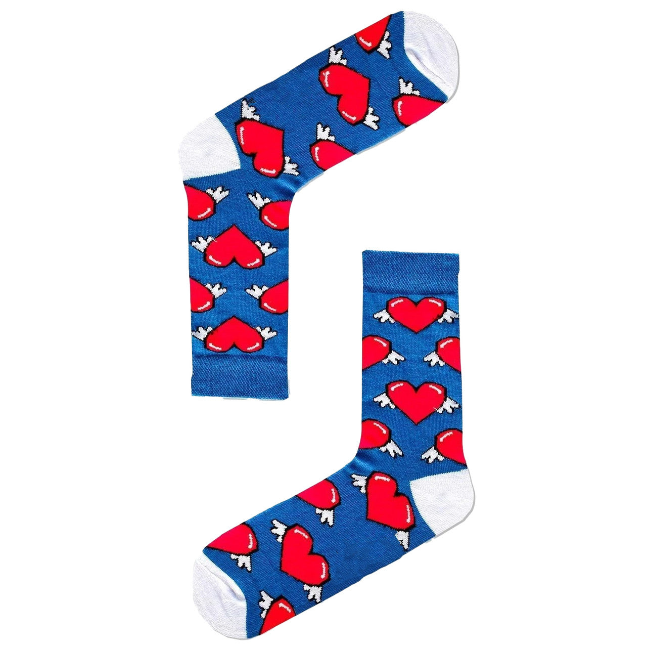 Blue socks with winged hearts, a fun and whimsical design for all occasions.