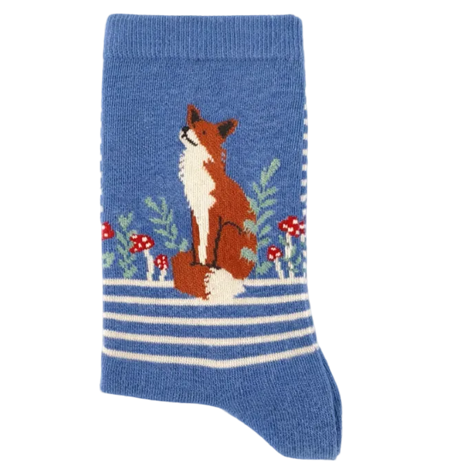 Blue sock with a fox design on a white background