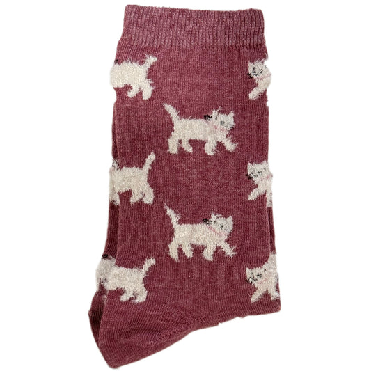 Women’s maroon socks featuring fuzzy cat designs in a playful and cozy style.