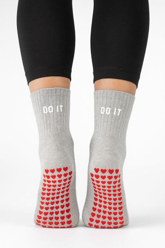 Anti-Slip Pilates & Yoga Crew Socks with Red Heart Silicone Grip – Grey (Unisex)