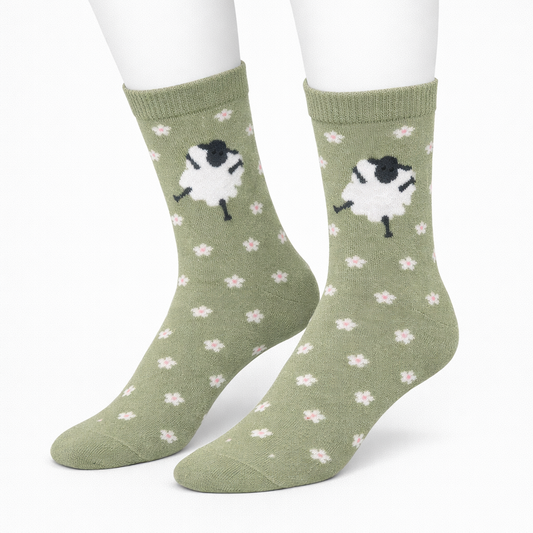 Olive Sheep & Flowers Socks (Women’s)