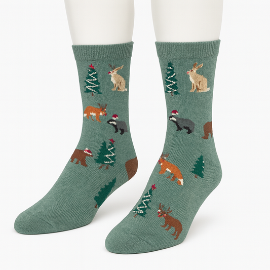 Green Forest Animal Socks – Fox, Rabbit & Christmas Trees (Unisex Holiday Crew Socks)