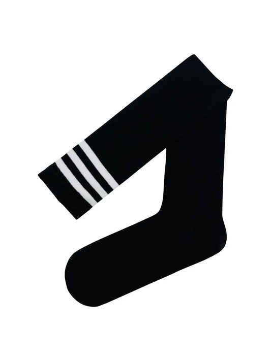 Black Knee-High Socks with White Stripes (Unisex)