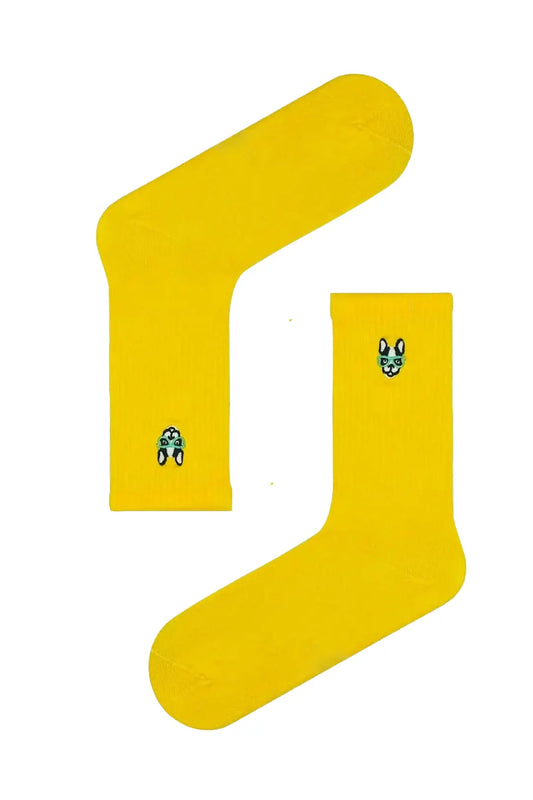 Yellow Sports Socks with Embroidered Cool Dog Icon (Unisex)