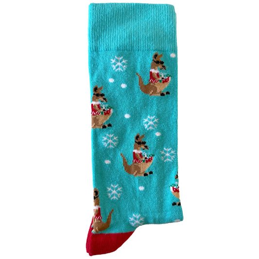 Men’s blue socks featuring a kangaroo dressed as Santa in a festive holiday design.