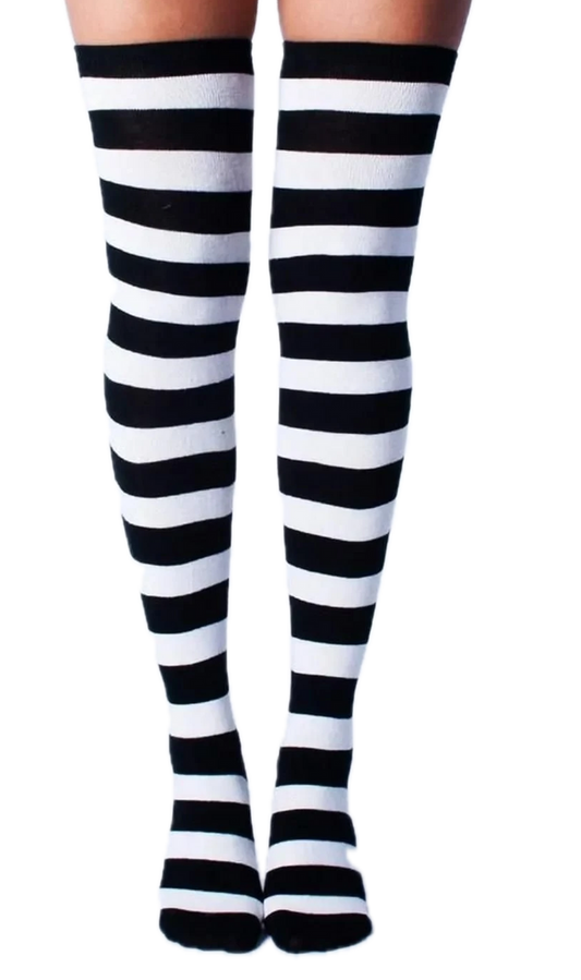 Women’s knee-high socks with black and white stripes, stylish and comfortable.