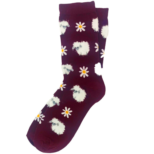 Maroon women’s socks with sheep and flower design, cozy, warm, and stylish for winter.