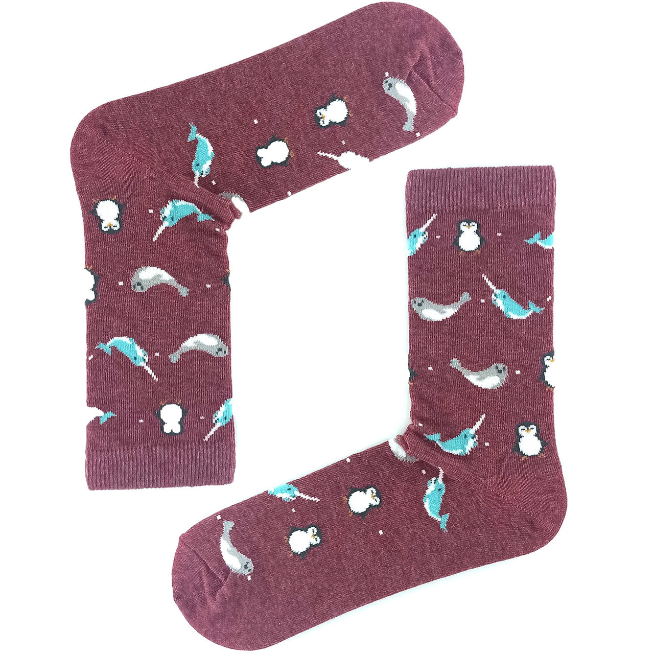 Maroon socks featuring penguins, seals, and narwhals in a cute Arctic animal design.