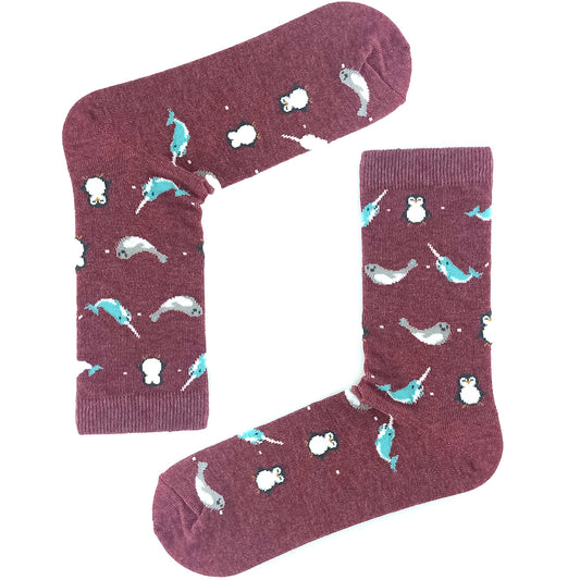 Maroon socks featuring penguins, seals, and narwhals in a cute Arctic animal design.