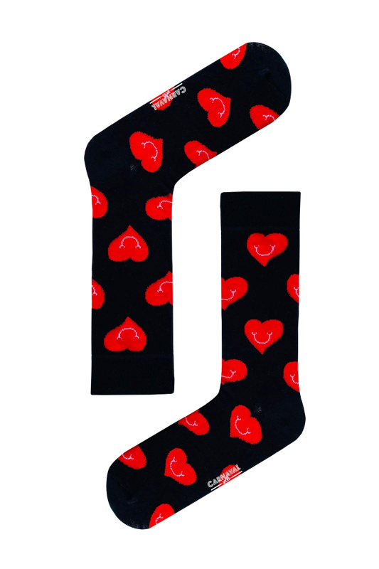 Black socks with smiling hearts, fun and playful love-themed socks.
