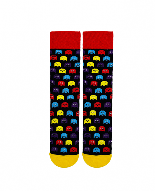 Black socks with colorful Pac-Man monsters, retro gaming-themed socks.