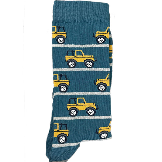 4x4 yellow truck socks with grey stripes on a greenish background, men’s fashion socks.